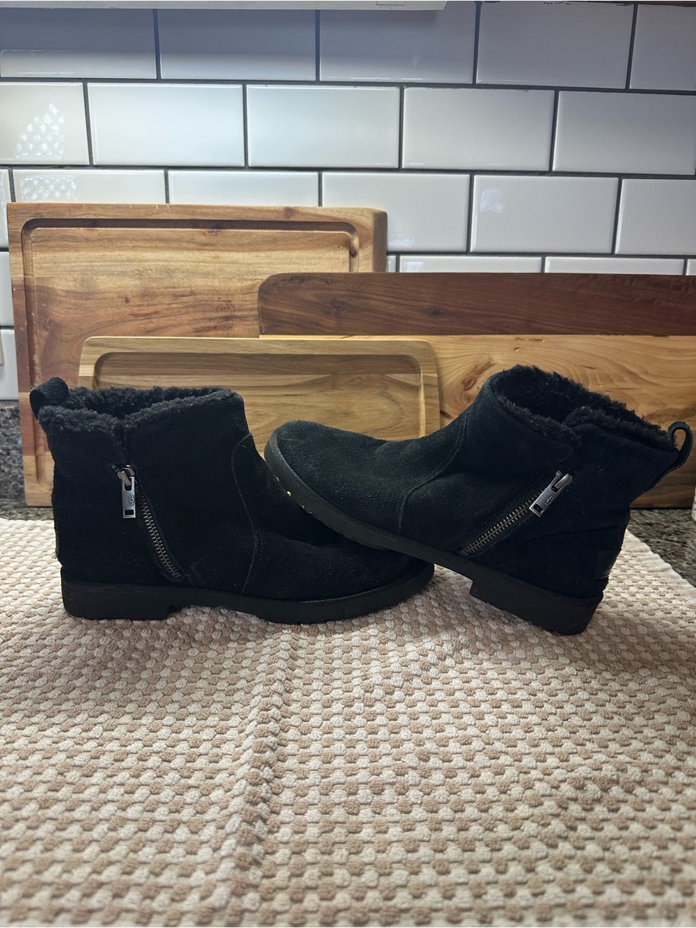 UGG Genuine Black Suede Shearling-Lined Ankle Booties with Side Zipper Size 8